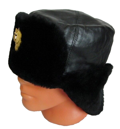USSR Russian Navy Officer Black Mouton Sheepskin Fur Ushanka Hat Badge 59cm L
