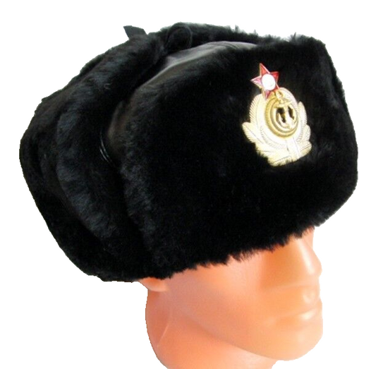 USSR Russian Navy Officer Black Mouton Sheepskin Fur Ushanka Hat Badge 60cm L-XL