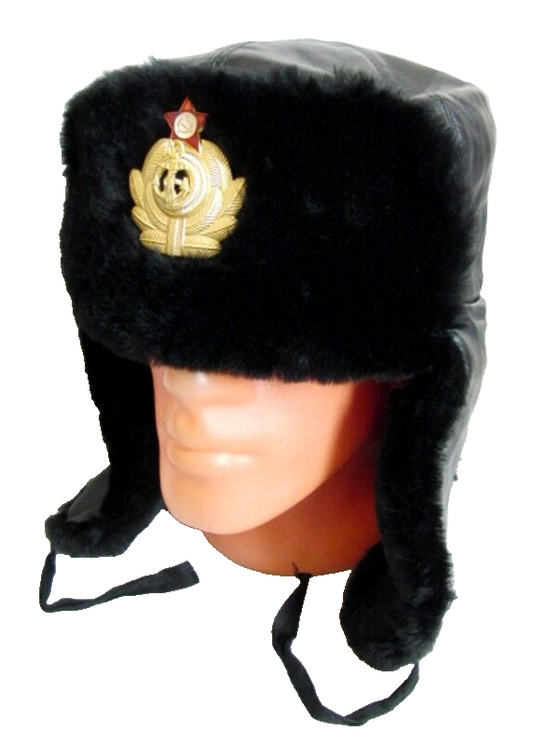 USSR Russian Navy Officer Black Mouton Sheepskin Fur Ushanka Hat Badge 60cm L-XL
