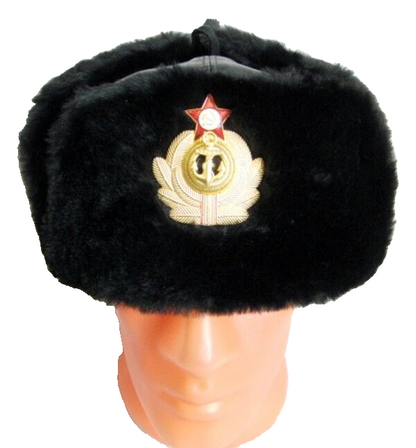 USSR Russian Navy Officer Black Mouton Sheepskin Fur Ushanka Hat Badge 60cm L-XL