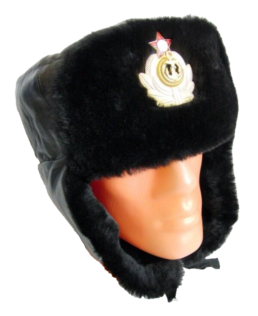 USSR Russian Navy Officer Black Mouton Sheepskin Fur Ushanka Hat Badge 62cm XXL